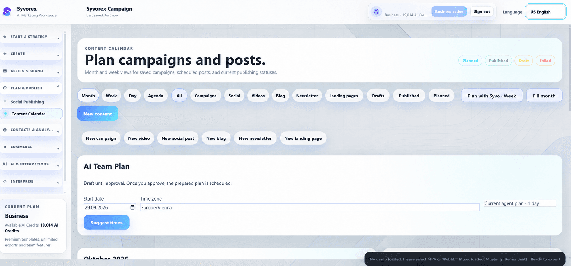 Syvorex Content Calendar und Social Publishing Vorbereitung